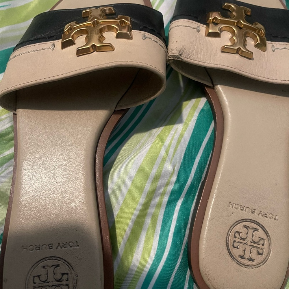Tory Burch Black and Cream Logo Slide Sandals